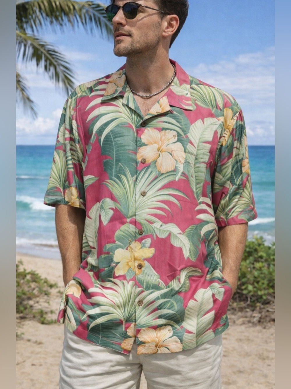 Tommy Bahama 100% Silk Hawaiian Shirt Mens Large Pink Tropical Floral Camp Aloha
